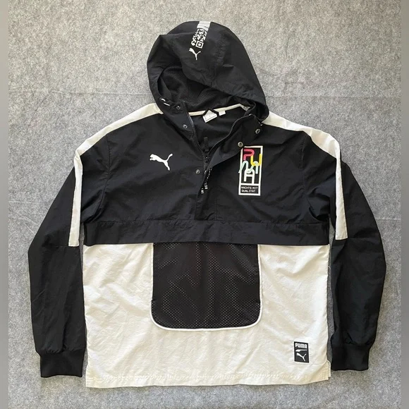 PUMA Jacket Windbreaker Womens XL Quarter Zip Hoodie Black White 599372-01 - Picture 1 of 16